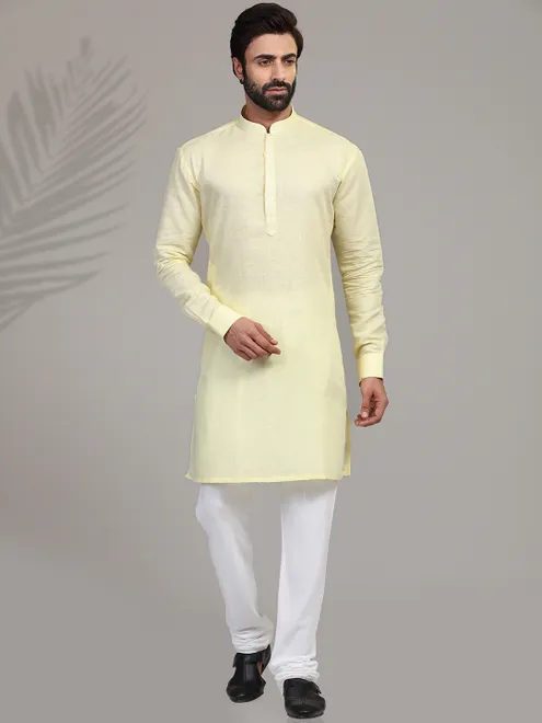 Yellow cotton stand collar classic  Men Kurta pajama