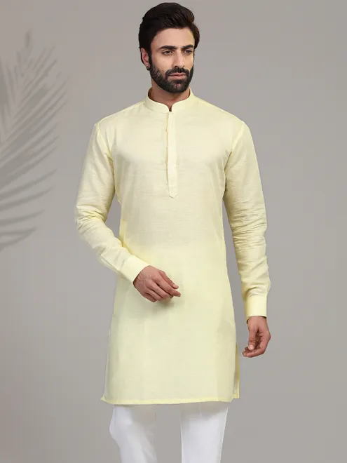 Yellow cotton stand collar only kurta
