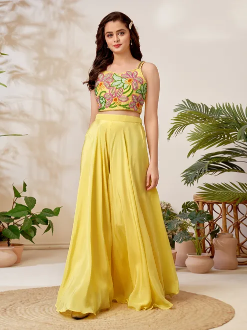 Yellow crepe silk palazzo designer festive salwar suit