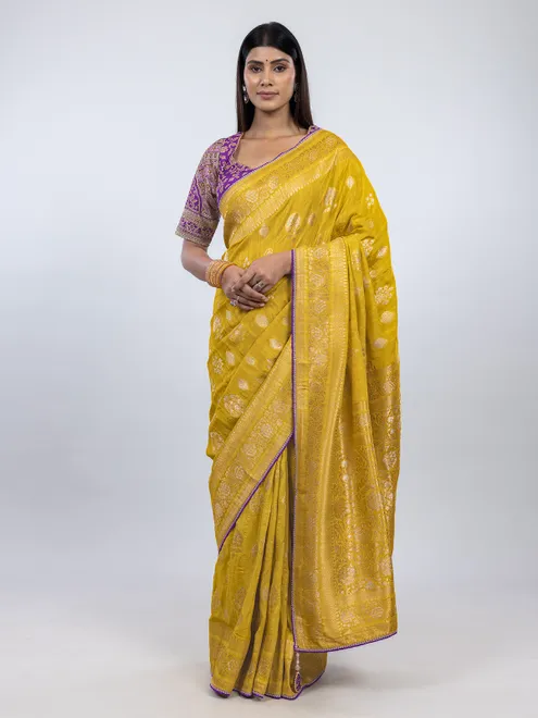 Yellow dola silk readymade festive wear saree