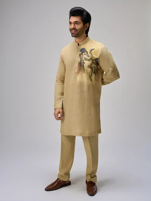 Yellow elephant painted linen kurta ensemble