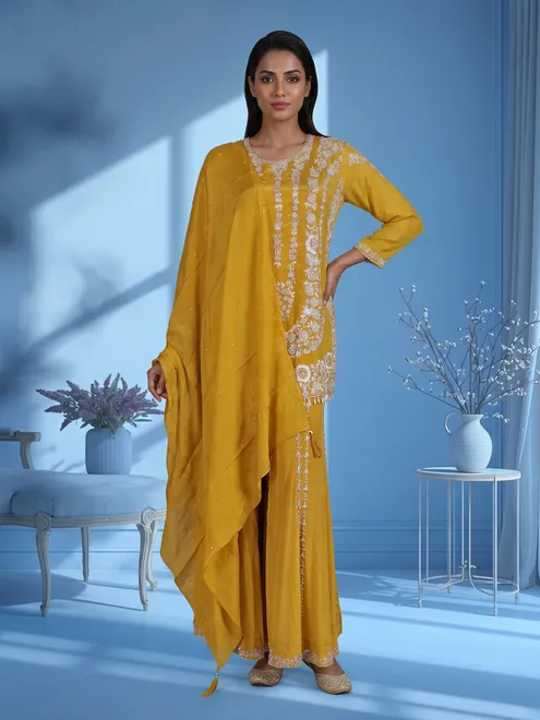 Yellow embroidered crepe silk palazzo suit