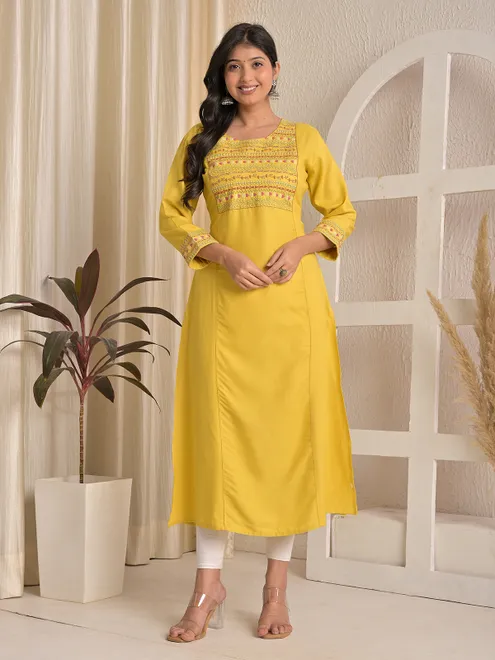 Yellow embroidered yoke style cotton silk kurti