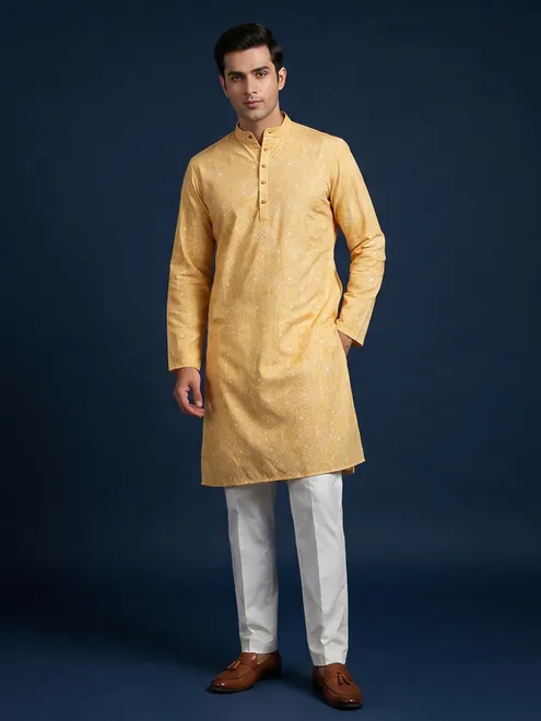Yellow festive wear cotton silk kurta suit with print