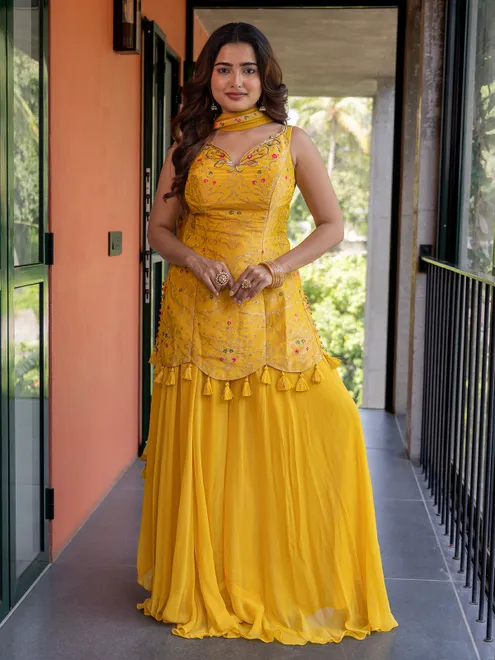 Yellow festive wear silk palazzo suit for women