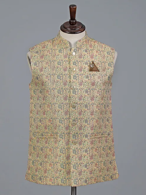 Yellow floral zari printed brocade waistcoat