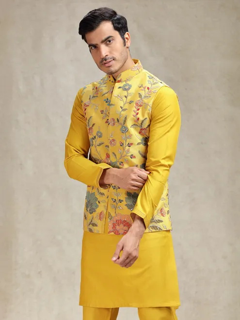 Yellow flower pattern waistcoat set for haldi look