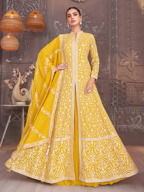 Yellow georgette anarkali lehenga suit