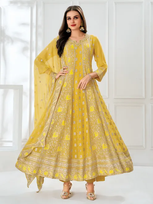 Yellow georgette anarkali suit for women