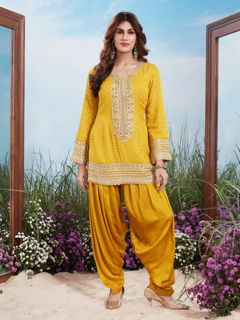 Yellow georgette embroidered quarter sleeve salwar set