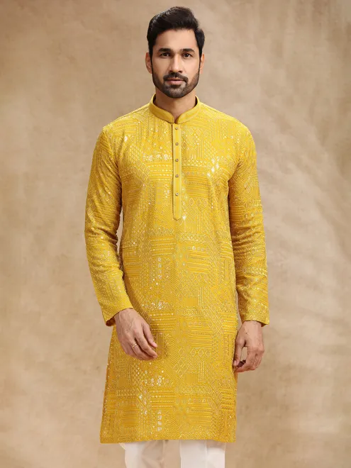 Yellow georgette festive kurta pajama for men