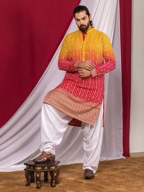 Yellow georgette festive wear kurta suit with salwar