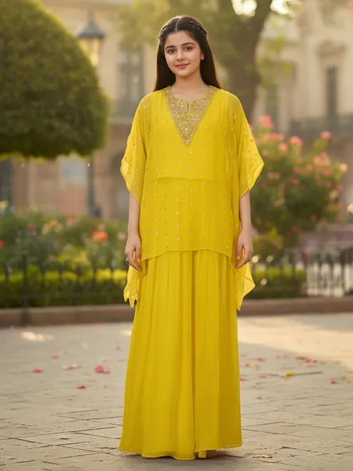 Yellow georgette kaftan style sequined palazzo suit