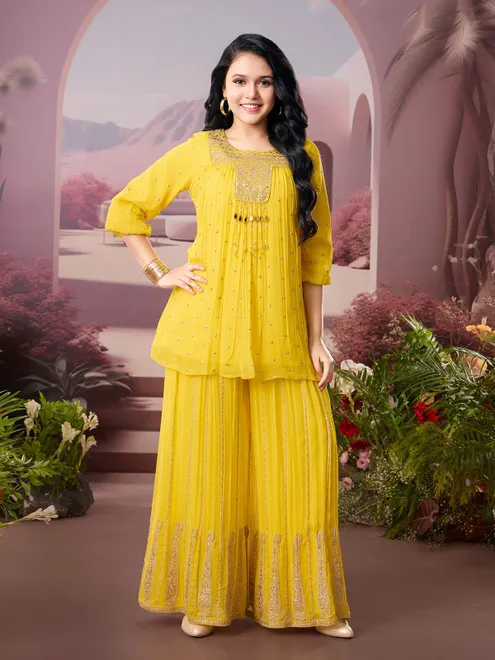 Yellow georgette palazzo designer wedding suit