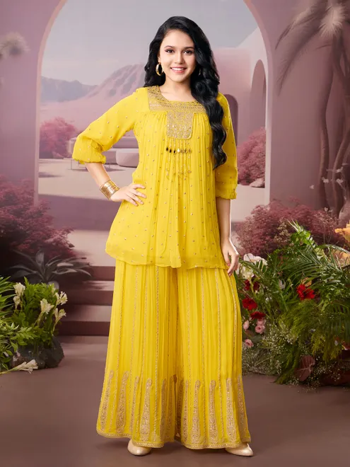Yellow georgette palazzo suit with zari and aabla embellishments