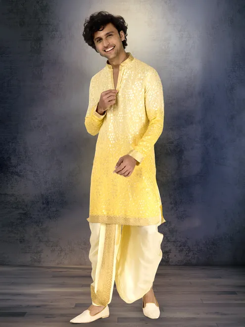 Yellow georgette shaded embroidered dhoti kurta suit