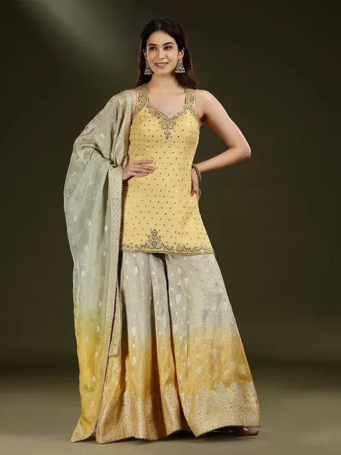 Yellow grey shaded silk palazzo suit