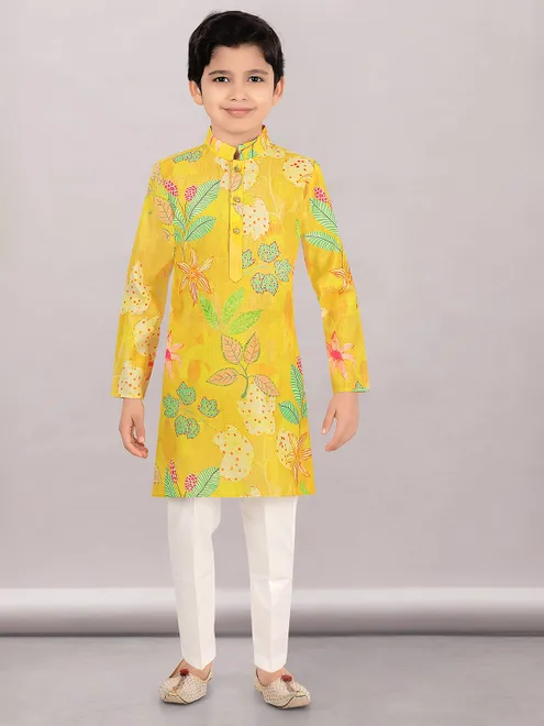 Yellow haldi special printed kurta suit for boys