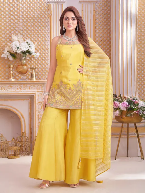 Yellow haldi special punjabi silk palazzo suit
