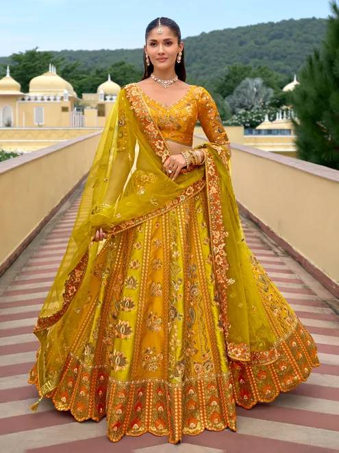 Yellow haldi wear silk lehenga choli