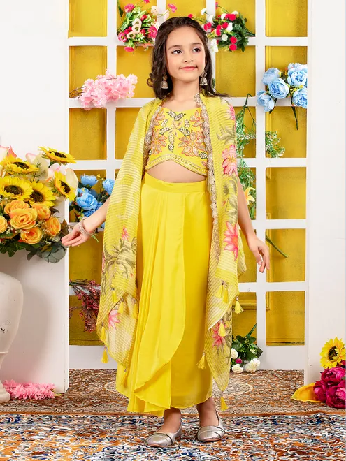 Yellow indowestern designer suit with shrug