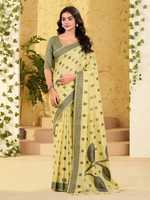 Yellow linen silk woven work saree