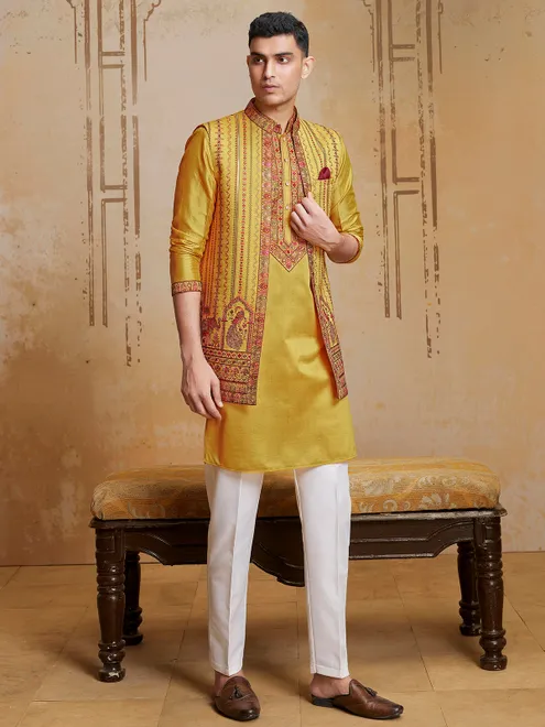Yellow long waistcoat set with colorful embroidery