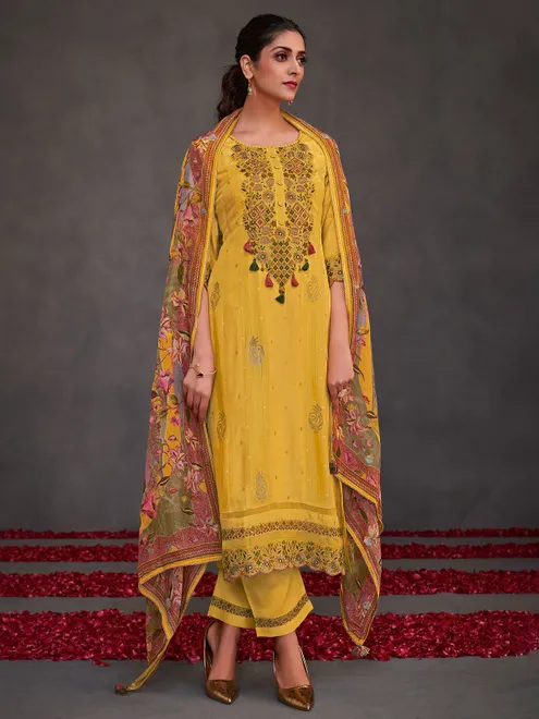 Yellow muslin silk salwar suit with cutwork