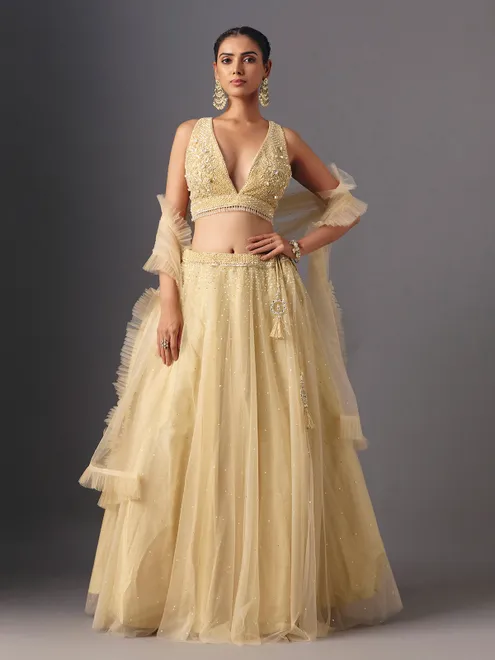 Yellow net designer lehenga choli with elegant dupatta for celebrations