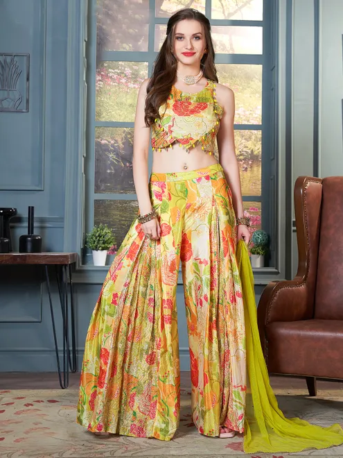 Yellow palazzo salwar suit in crepe