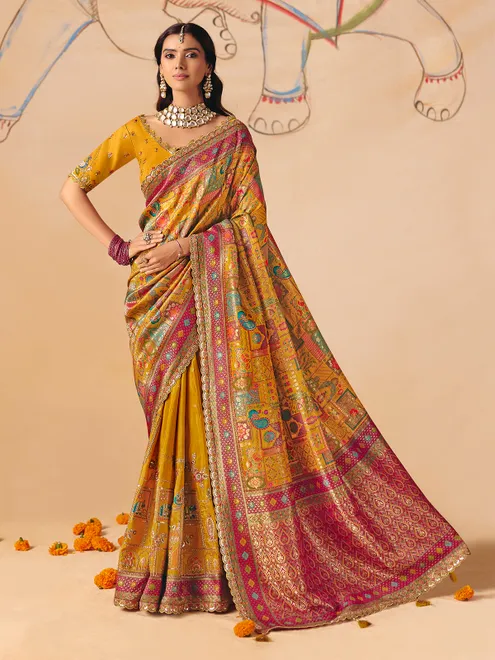 Yellow peacock elephant design banarasi silk ensemble