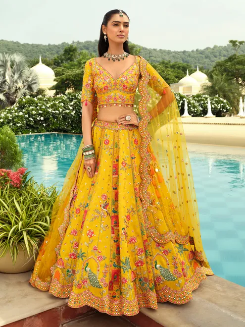 Yellow peacock motif silk lehenga choli
