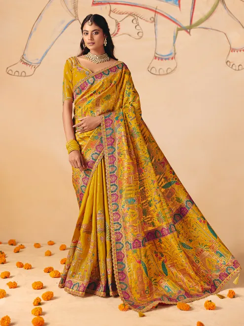 Yellow peacock temple inspired motif banarasi silk masterpiece