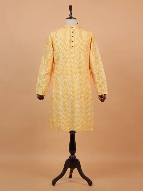 Yellow printed cotton kurta suit for men for festive