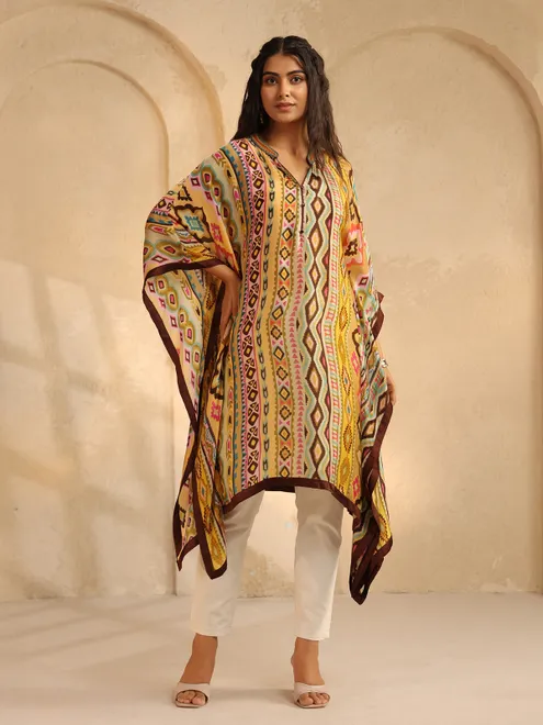Yellow printed crepe silk ponchos top for women