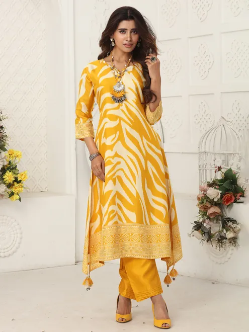 Yellow printed kurti set in russian silk