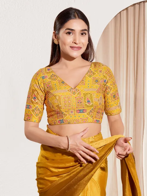 Yellow printed rayon embellished blouse