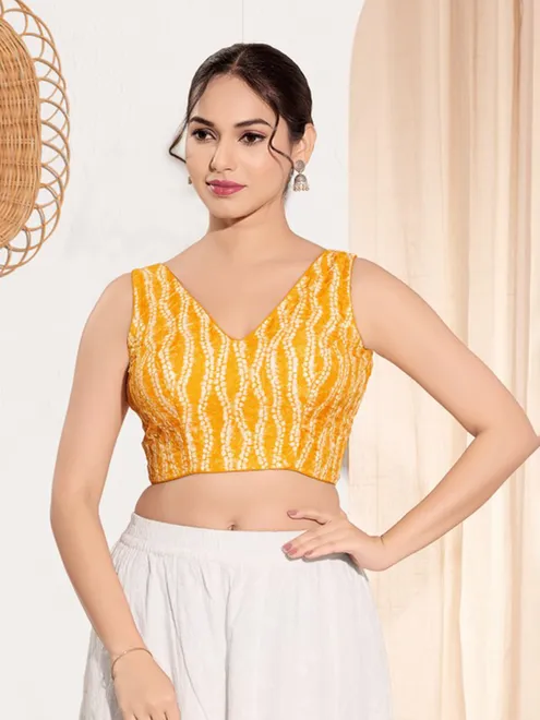 Yellow printed rayon V neck ready blouse