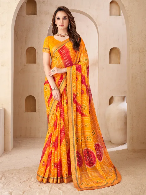 Yellow printed saree in soft gergette