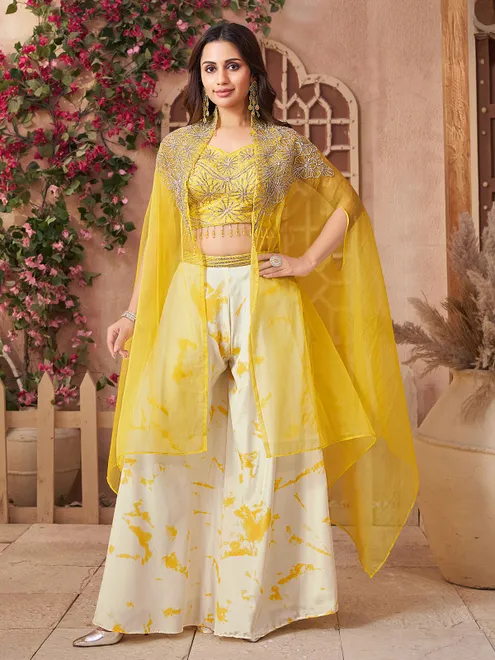 Yellow printed satin silk palazzo suit with shrug