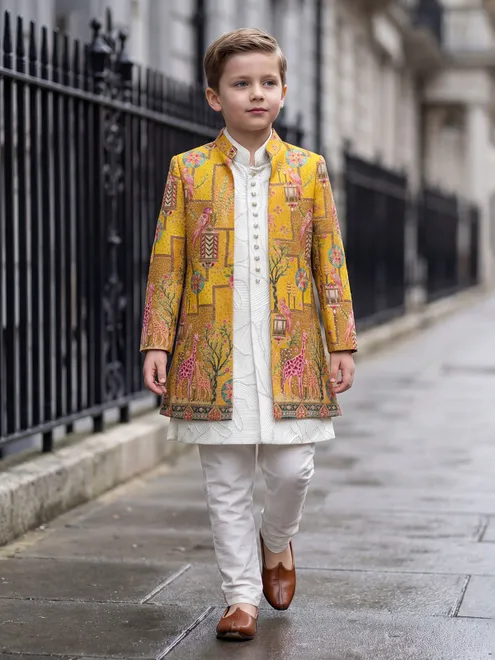 Yellow printed silk boys indowestern set
