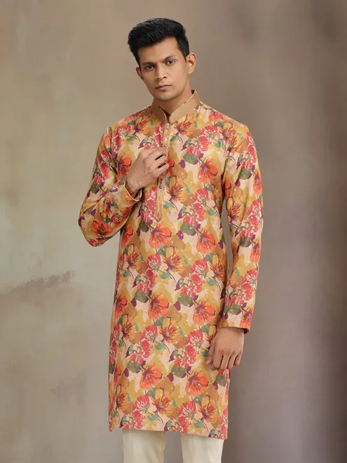 Yellow printed jaquard silk kurta pajama for festive wear