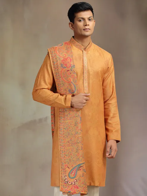 Yellow printed pashmina silk kurta pajama with dupatta