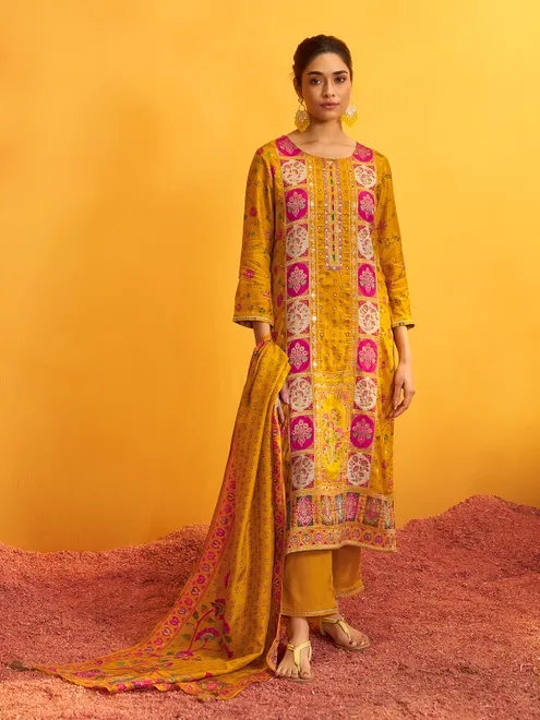Yellow printed silk kurti set for festive wear