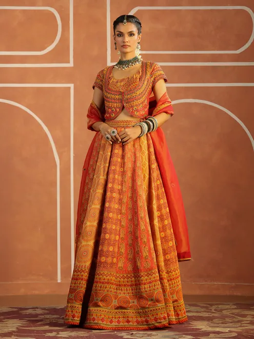 Yellow printed silk lehenga choli with dupatta