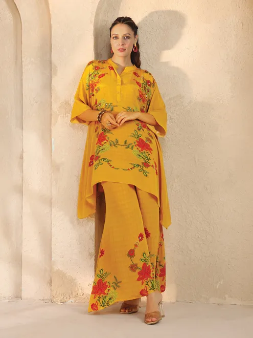 yellow printed silk palazzo co ord set