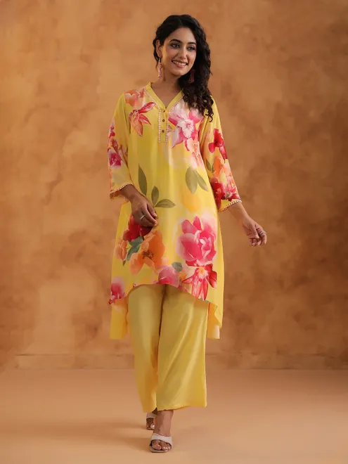 Yellow printed silk palazzo kurti set