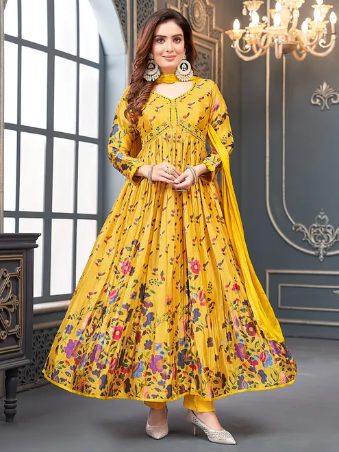 Yellow printed silk salwar suit for women