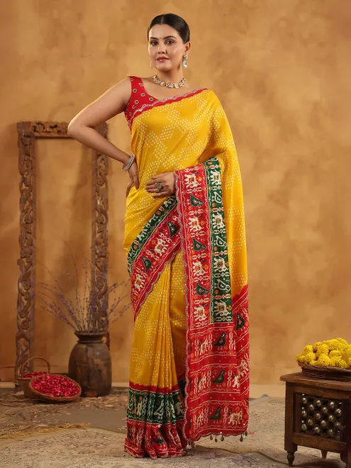 Yellow printed silk saree for festive gatherings