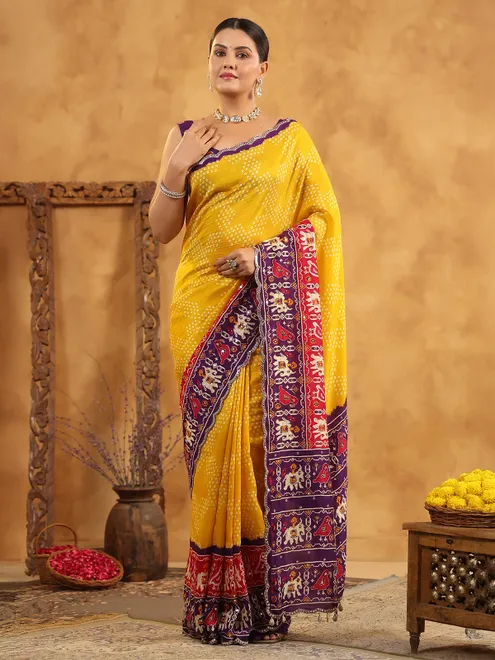 Yellow printed silk saree with sequins work